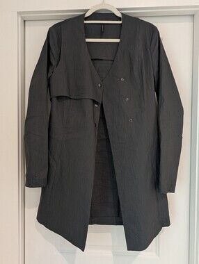 Sarah Pacini Dark Gray Long Fitted Flare Asymmetrical Trench Coat Dress